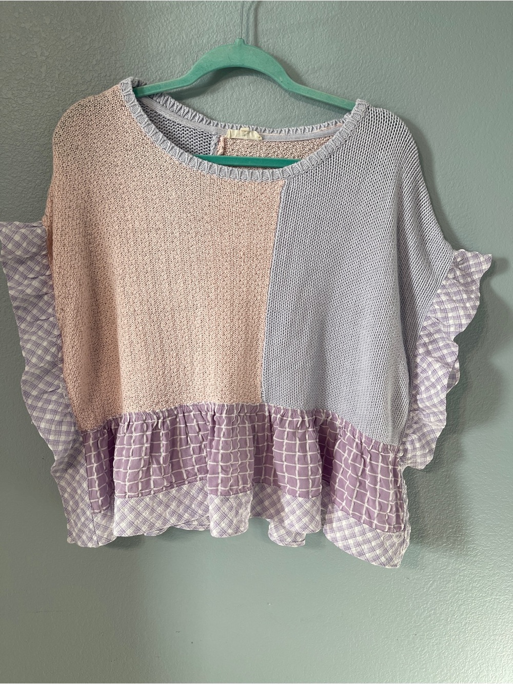 Easel Los Angeles Pastel Patchwork Knit Top Ruffle Plaid Oversized Boho Small